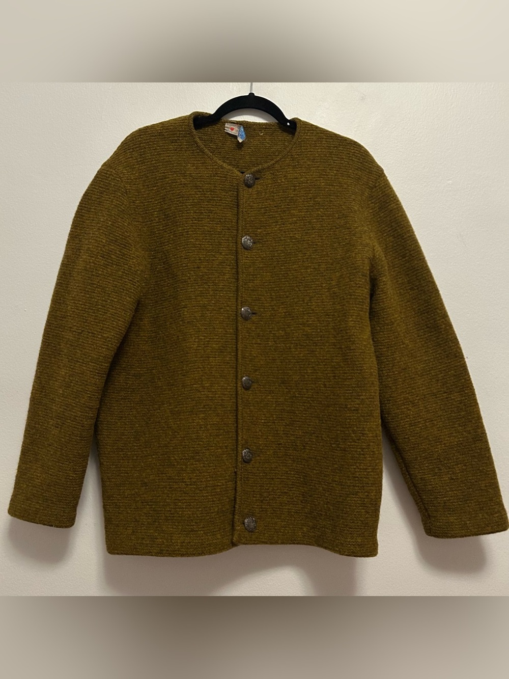 Obermeyer Olive Green Wool Cardigan with etched buttons